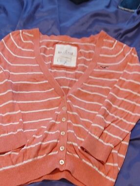 Hollister Coral and White Striped Button-Front Cardigan